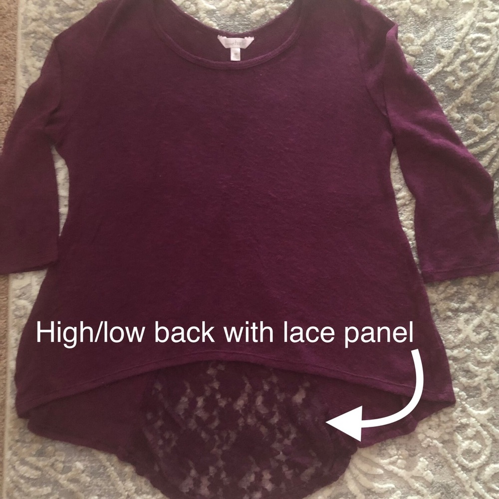 Eggplant color high/low sweater with lace back panel